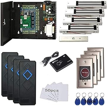 4 Door Access Control System 600lbs Magnetic Lock Access Control Panel 110V Power Supply Box RFID Reader NoTouch Exit Button Enroll USB Reader Card Key Fob Phone APP Remotely Open Lock