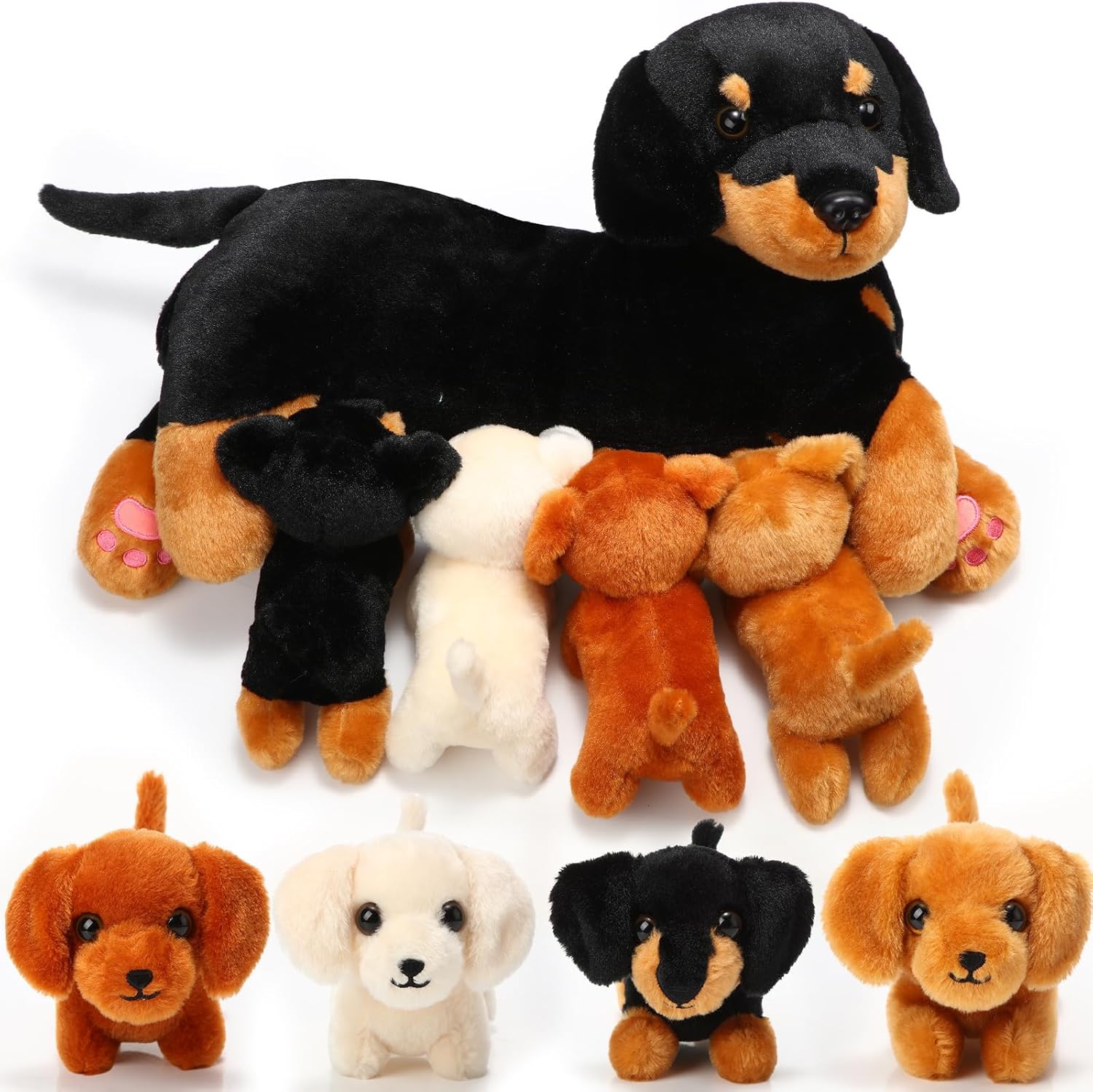 Honoson Nurturing Dog Mommy Plush Set with 4 Baby Puppies Soft Cute Dog Themed Stuffed Plush Toys for Kids Girls Boys Easter Birthday Gifts(Curly)