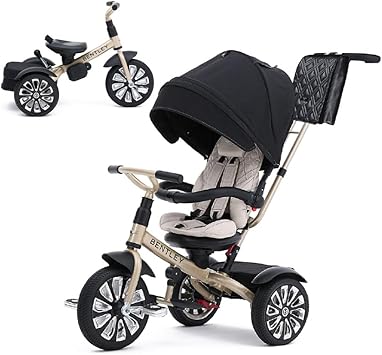 Bentley 6-in-1 Baby Stroller & Toddler Tricycle – Officially Licensed Luxury Kids Bike, Convertible Travel Strollers & Kid Trike with Air Wheels, Canopy & Safety Features (6m-5y+ | Mulliner Gold)