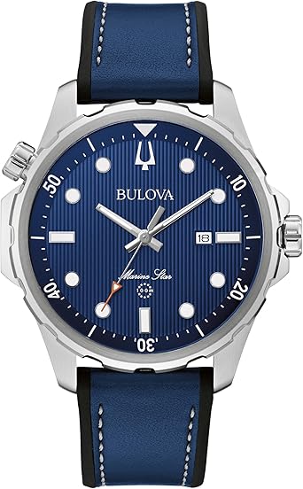 Bulova Men's Marine Star Quartz Silver Stainless Steel Watch, Leather and Silicone Strap, 100M Water Resistant, 43mm