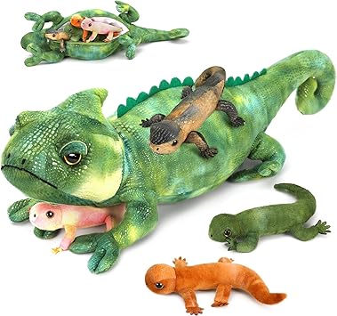 Green Lizard Plush, 27-Inch Mother Iguana Stuffed Animal with 4 Baby Lizard Plushies, 5-Piece Soft Giant Reptile Toy for Kids Gifts