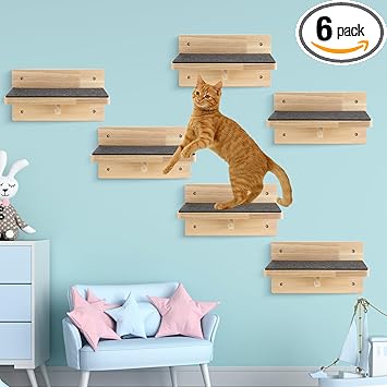 Lenwen Set of 6 Cat Wall Steps Shelf Shelves Wood Cat Climbing Shelves for Cats Mounted Furniture Cats Wall Bed Wood Stairs with Non Slip Felt for Springboard Playing (Classic)