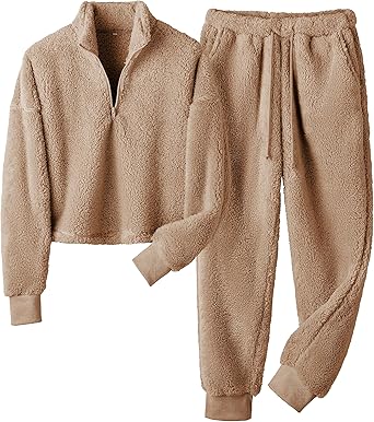 Lianlive Women Fluffy Pajamas Set Winter Warm Fleece Lounge Pjs Set Pullover Pants with Pockets Plush 2 Piece Sleepwear