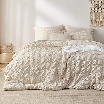 Bedsure Bed in a Bag King - 7 Pieces Plaid Seersucker Bedding Comforter Sets, Soft Lightweight Beige Boho Bed Set with Comforters King Size, Sheets, Pillowcases & Shams