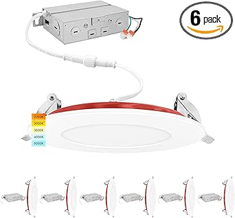 LUXRITE 6-Pack 4 Inch Ultra Thin LED Fire Rated Recessed Lights, 5CCT 2700K/3000K/3500K/4000K/5000K, 2 Hour Fire Rating, 800 Lumens, Dimmable Wafer Lights, IC Rated, Wet Rated, ETL, No Tenmat Needed