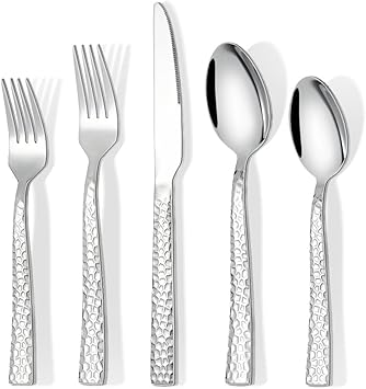 60 Piece Silverware Set for 12, Amafox Stainless Steel Hammered Flatware Set, Kitchen Utensil Cutlery Silverware Set Include Fork Spoon Knife, Mirror Finished Silverware Sets, Dishwasher Safe