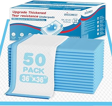 BIGGMED Tear-Resistant Disposable Bed Pads 36" x 36" 50 Count Super Absorbent Underpads, Chux Thicker Extra Large Incontinence Bed Pads, Pee Pads for Adults, Kids, Elderly, Pets