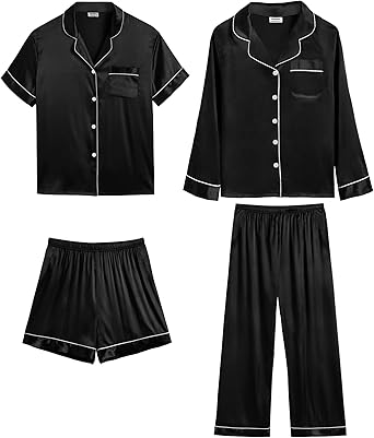 SWOMOG Womens Silk Satin Pajamas Sets 4pcs Loungewear Sexy Cami Shorts Set Button Down Long Sleeve Pjs Sleepwear