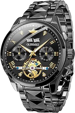 OUPINKE Mens Watches Skeleton Automatic Mechanical Premium with Calendar Sapphire Crystal Tungsten Steel Waterproof Wrist Watch