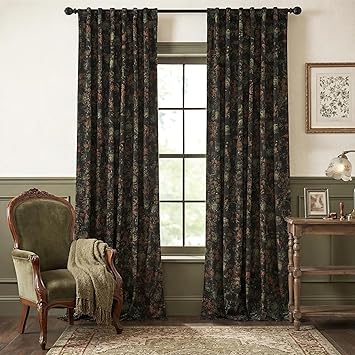 StangH Back Tab Floral Velvet Curtains - Luxury Room Darkening Black Print Window Drapes 90 inches Long for Sliding Door Living Room/Bedroom/Room Divider, W52 x L90, 2 Panels