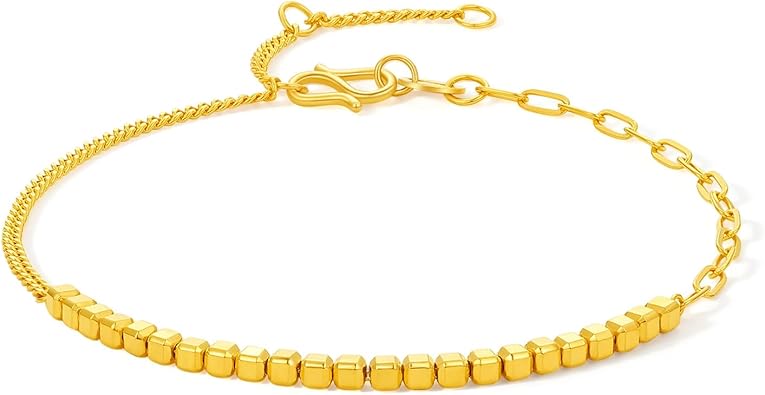 ZHOU LIU FU 24K Solid Gold Link Bracelet for Women, Real Gold Jewelry Dainty Cubic Square Jewelry Pure Gold Chain Bracelet for Girlfriend Couples Mom Gifts