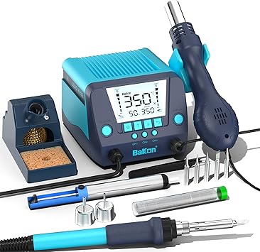 BAKON 882 2-In-1 Digital Soldering Hot Air Rework Station Kit with 3 Preset Channels,Auto Sleep Solder Iron, °C/°F Conversion,Solder Wire, Tips,Tweezers, Nozzles,Solder Sucker
