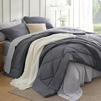 Bedsure Full Size Comforter Set - 7 Pieces Reversible Dark Grey Bedding, Full Size Bed Set for All Seasons, Bed in a Bag with Down Alternative Comforter, Sheets, Pillowcases & Shams
