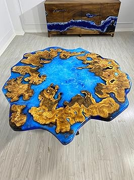 Customized Resin Epoxy Round Table, Unique Blue Ocean Look, Coffee Table Design, Resin Table, Luxury Decor Table, Walnut Table, Wooden Resin Table, (16.5" Inches Tall, 46 x 46 Inches)