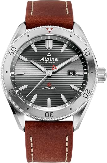 Alpina Men's Alpiner Swiss Automatic 3-Hand Stainless Steel Case with Brown Leather Strap Watch, Bi-Directional Bezel, Sunray Line Grey Dial (Model: AL-525G5AQ6)