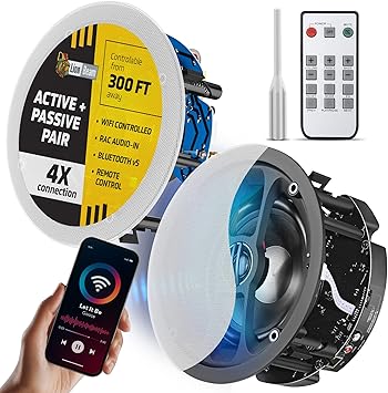 LionBeam™ Wi-Fi & Bluetooth Ceiling Speakers 6.5" Flush Mount Ceiling & in Wall Speakers Active Passive Pair 60W Amplifier with Remote Control Speaker for Home Theaters Indoor Outdoor Wall Speaker