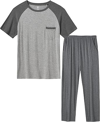 MoFiz Mens Pajama Set Pjs Sleepwear Nightwear Lightweight Quick Dry Soft Short Sleeve Summer Pjs Sleep Set With Pocket