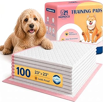 MoMoCo Pink Puppy Pads 23" x 23", 6-Layer Super Absorbent Dog Pee Pads, Leak-Proof Training Pads for Hardwood Floors & Apartments, Flash-Dry Disposable Potty Pads for Puppies & Senior Dogs, 100 Count