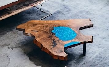 Customized Resin Live Edge Table Top, Blue Mini Pond Look Table, Coffee Table, Resin Table, Luxury Table, Walnut Table, Wooden Resin Table (Without Stand, 66 x 66 Inches)