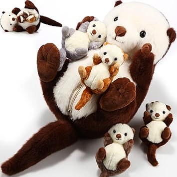 Shappy 5 Pcs Sea Otter Stuffed Animals Large Mommy Sea Otter Stuffy Plush with 4 Cute Babies in Her Zippered Belly Soft Cuddly Plushies for Birthday Gifts Ocean Party Decors(Brown)