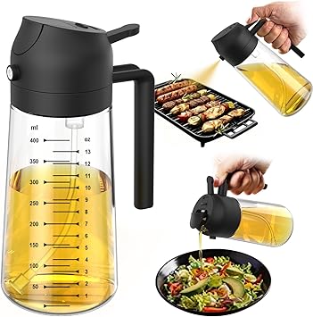 TrendPlain 16oz/470ml Glass Olive Oil Sprayer for Cooking – 2 in 1 Olive Oil Dispenser Bottle for Kitchen Gadgets and Air Fryer Accessories, Salad, BBQ - Black