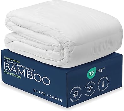 Olive + Crate Cooling Down Alternative Comforter - Hypoallergenic Queen Size Duvet Insert Lightweight - All Seasons Plush Design Bamboo Comforter - 100% Bamboo Viscose Outer Cover - White 88"x90"
