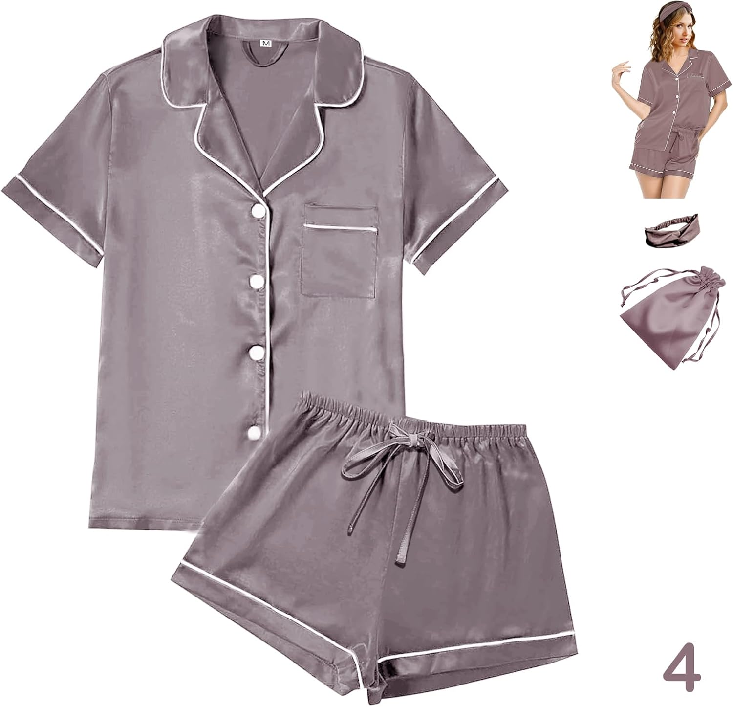 WJing Yi Jia 4Pcs Womens Satin Silky Pajama Sets Short Sleeve Shirt XS-4XL Floral Pajamas Set Soft PJ Loungewear Sleepwear