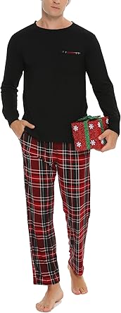 Vlazom Men's Long Sleeve Pajama Sets Pjs Sets Solid Tee and Plaid Pant Set S-XXL