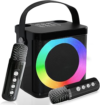 Mini Karaoke Machine, Portable Bluetooth Karaoke Speaker for Kids Adults, Unique Singing Machine with 2 Wireless Microphones Storage Hole, Ideal Gifts for Girls Boys (MMF-307B)