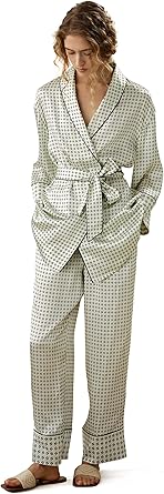 LilySilk 100% Silk Pajama Set for Women Printed Mulberry Silk Pajamas Lapel Collar 3/4 Sleeves Waisted Pants Casual