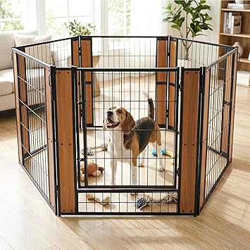 Heavy Duty Dog Playpen 32 Inch Height - Indoor Outdoor Pet Fence Enclosure for Medium and Small Dogs - Foldable Puppy Exercise Pen for Indoor and RV Camping or Yard (6 Panels, 32" H (Oak))