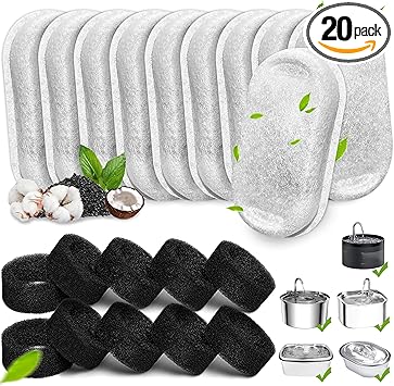 Cat Water Fountain Filters, 20Pack Cat Fountain Replacement Filters for Stainless Steel 108oz/3.2L& 67oz/2L adjustable Water Flow Pet Water Fountain,Dog Water Fountain Filters（10 Filters& 10 Sponges)