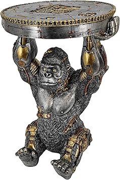 GENUINQ Steampunk Gorilla Side Table Pedestal End Table Stool Resin Cyborg Monkey Sci-fi Statue Sculpture Hand Painted Collectible Figurine with Cool Gear for Home Man Cave Decor Silver