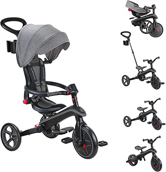 Globber Foldable 5-in-1 Toddler Trike Push Bike Stroller – Compact Learning Tricycle for Toddlers Converts Into Balance Bike – Safe Outdoor Ride On Toys for Kids (Gray)