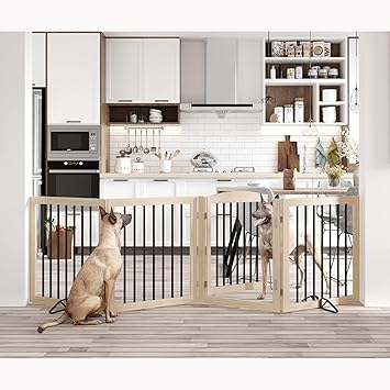 Vantas Folding Pet Gate 96" Wide, 30" Tall No-Assembly Wooden Dog Gate with Door Walk Through, Freestanding Puppy Safety Fence, with 2PCS Support - Natural White
