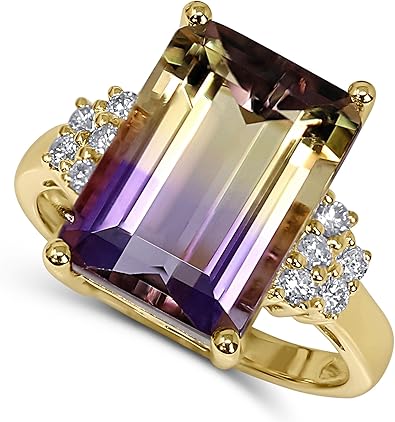 Ametrine Ring 14K Yellow Gold with Diamonds, 6-7/8 Ct Emerald Cut