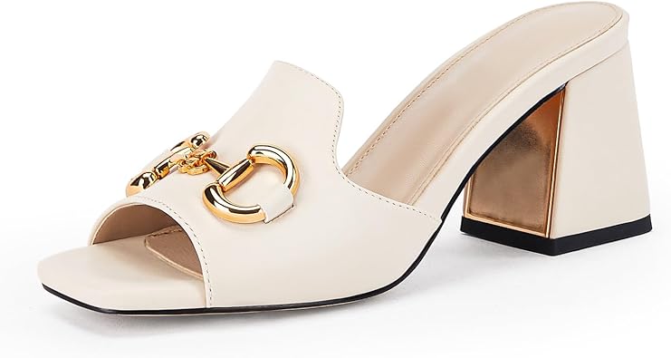 gihubafuil Women's Sandals Peep Toe Slides Chunky Heel Mules Single Band Comfort Slip-on Shoes with Metal Chain for Spring Summer