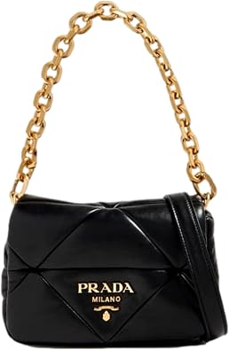 Prada Women's Gold Logo Black Quilted Nappa Patch Leather Small Shoulder Bag 1BD392