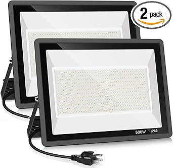 YANYCN 2 Pack 500W LED Flood Light Outdoor,2750W Equivalent Super Bright FloodLight with Plug,58600LM 5000K Daylight White IP66 Waterproof Commercial Lighting for Sports Fields,Counts,Arena,Stadium