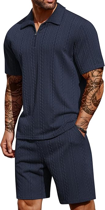 COOFANDY Men's 2 Pieces Outfits Casual Quarter Zip Polo Shirt and Shorts Set Athletic Jogging Summer Tracksuit