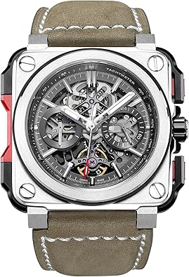 FEICE FM507 Men’s Automatic Skeleton Watch Mechanical Calendar Mens Wristwatch Brown Leather Strap Square Sport Luminous Clock Watches 10ATM Waterproof Sport Watches for Men.