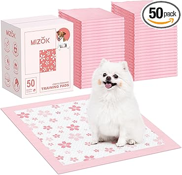 MIZOK Puppy Pads Pink 22x22in, Quick-Dry Puppy Training Pads with Pheromone Attractant, Decorative Cherry Blossom 6-Layer Heavy Duty Leak-Proof Pet Pads, Disposable (50 Count)