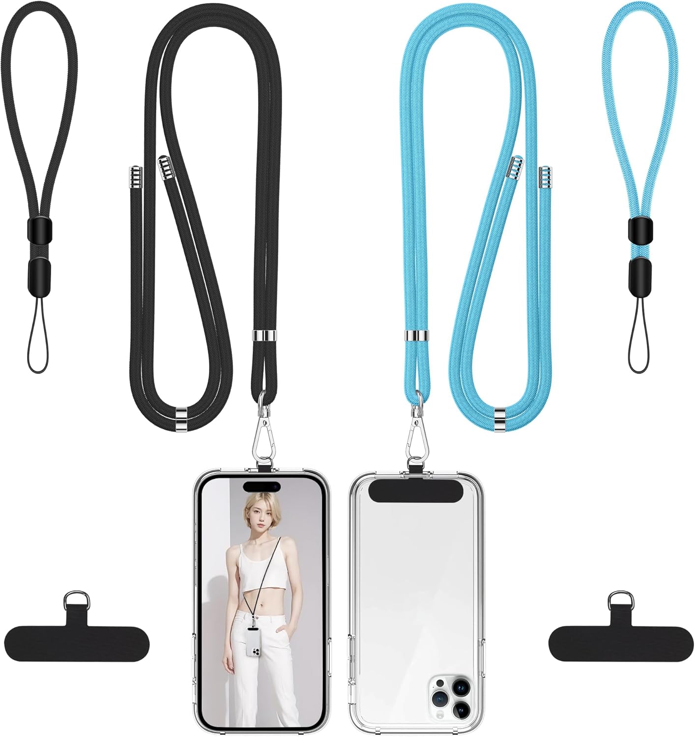 takyu Phone Lanyard, 2 Pack Adjustable Cell Phone Lanyard Crossbody Neck Strap & 2 Pack Phone Wrist Strap with 2 Pcs Tether Tabs Compatible for iPhone Android Smartphones-Black Grey