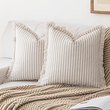 YEENAASY Throw Pillow Covers 18x18 Set of 2 Striped Fringe Pillow Cover Farmhouse Cushion Covers with Tassel Neutral Boho Pillows Decorative Square Pillowcase for Couch Sofa Bed, Khaki