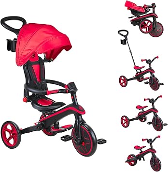 Globber Foldable 5-in-1 Toddler Trike Push Bike Stroller – Compact Learning Tricycle for Toddlers Converts Into Balance Bike – Safe Outdoor Ride On Toys for Kids (Red), Large