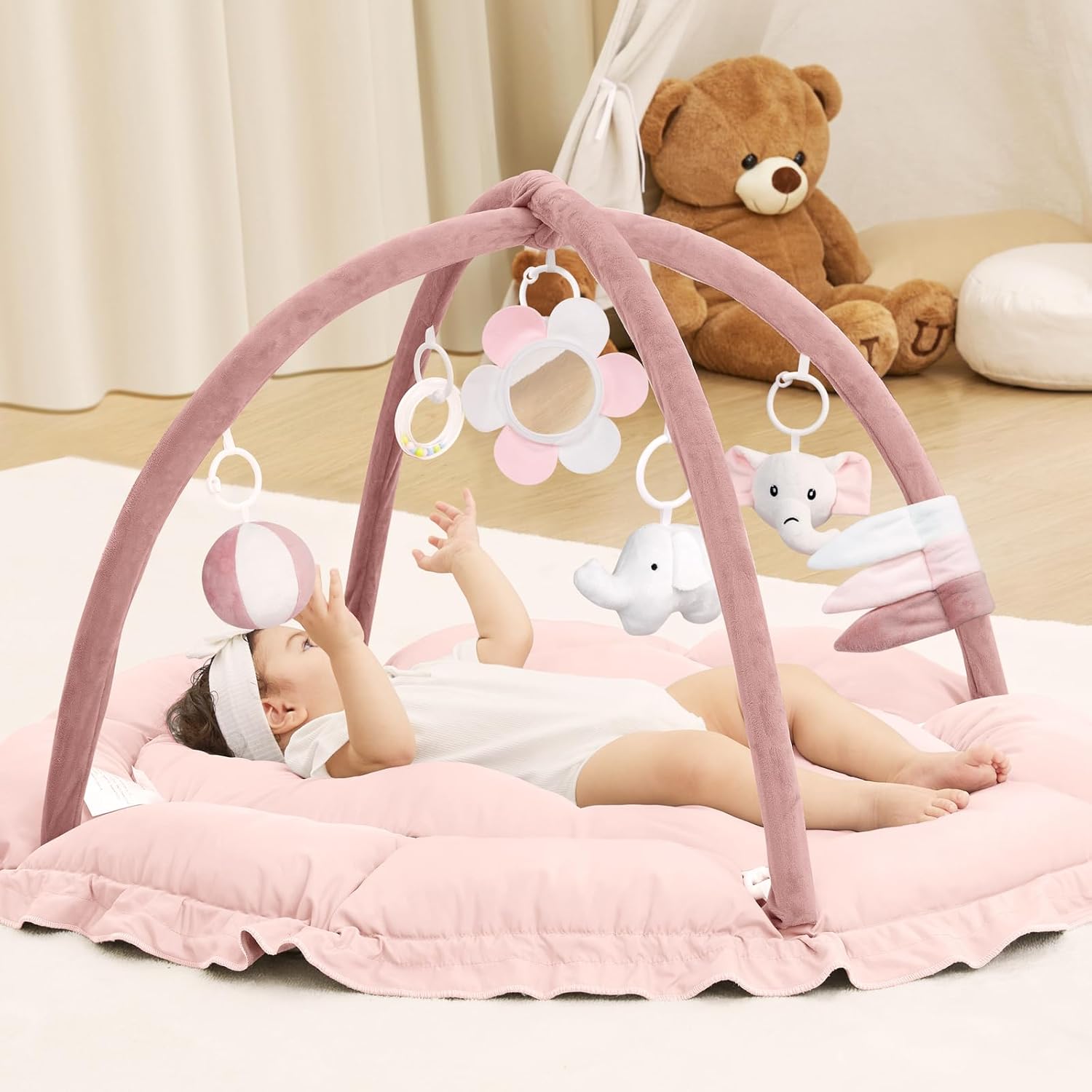 ANGELBLISS 5 in 1 Baby Play Gym Mat, Reversible Tummy Time Mat with 5 Sensory Toys for Stage-Based Developmental, Thick & Large Baby Activity Center from Newborn to Toddler (Beige)