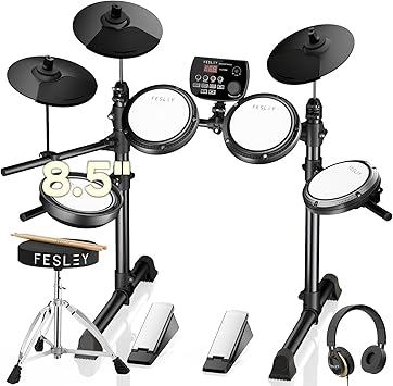 Fesley FED150 Electric Drum Set: Dual Zone Snare Drum, 2 Cymbals with Choke, 200 Sounds, 4 Quiet Mesh Drum Pads, Electronic Drum Set for Beginner, Bluetooth, MIDI, Throne, Headphone, Drum Sticks