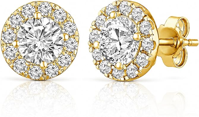 3/4 Carat - 2 Carat Lab Grown Diamond Halo Earrings | 14K Yellow or White Gold 4-porg Stud Earrings for Women | D-E Color and VS Clarity
