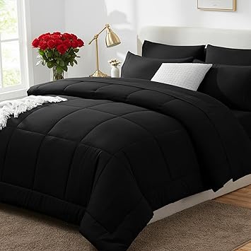 CozyLux California King Comforter Sets Black, 7 Pieces Cal King Bed in a Bag, All Season Bedding Sets with Stitch Quilted Comforter, Flat Sheet, Fitted Sheet, Pillowcases