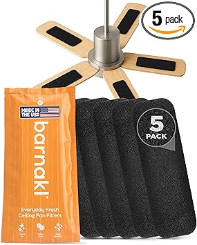 Barnakl Ceiling Fan Air Purifier Pads, Activated Coconut Shell Carbon Fan Filters Trap Dust, Odors & Allergens, Easy-Stick Universal Fit for Ceiling Fan Blades, Odorless & Unscented - (5 Count)